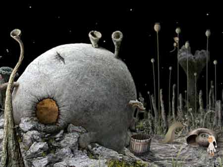 Una escena de Samorost 2 con su personaje principal, a la derecha.